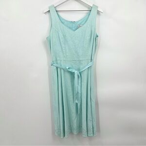 Dress Barn A-Line Sleeveless Embroidered Linen Dress Belted Pastel Teal Size 14